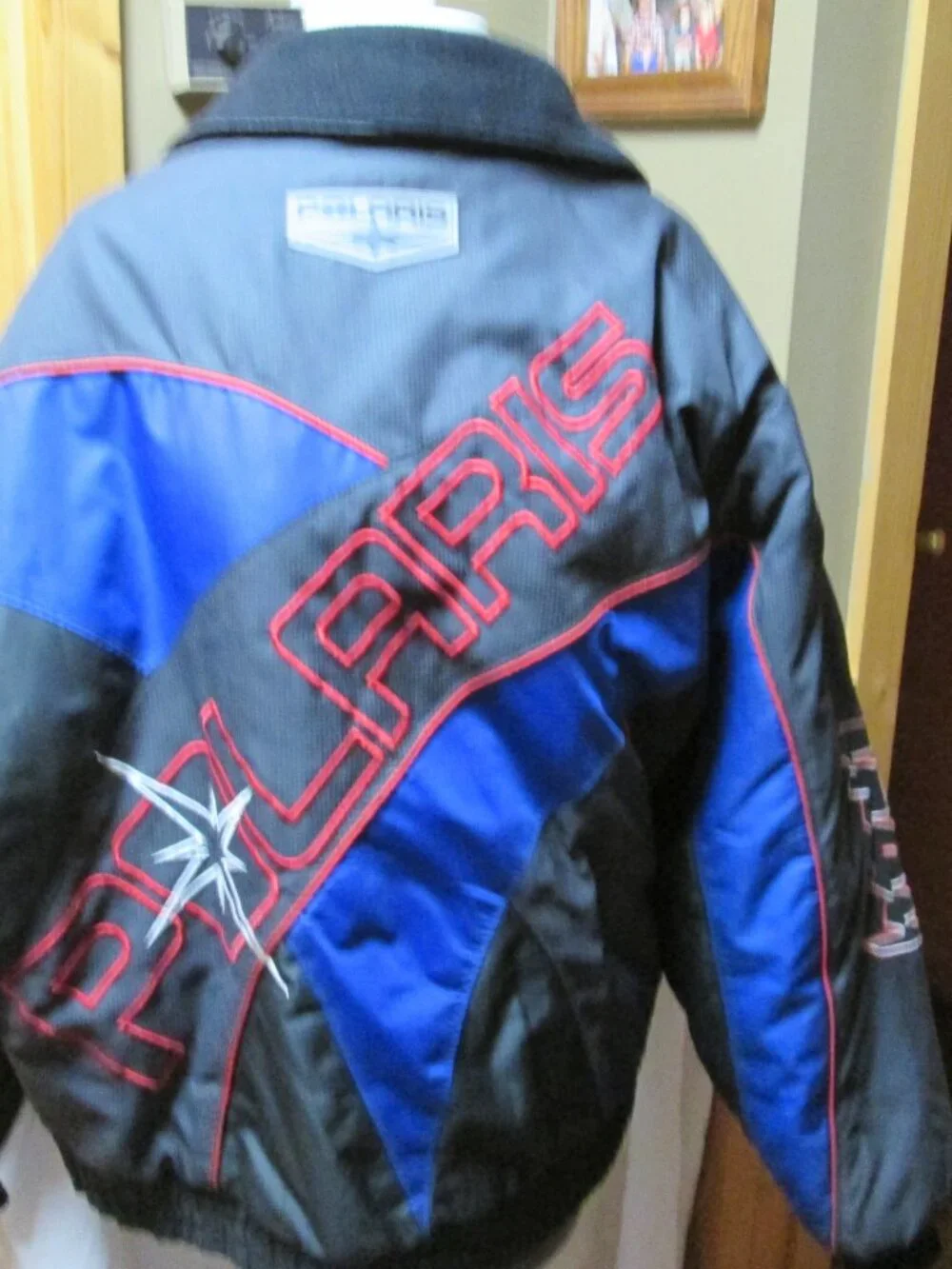 Vtg spellout colorblock Polaris snowmobile Jacket reflective front back sleeve L